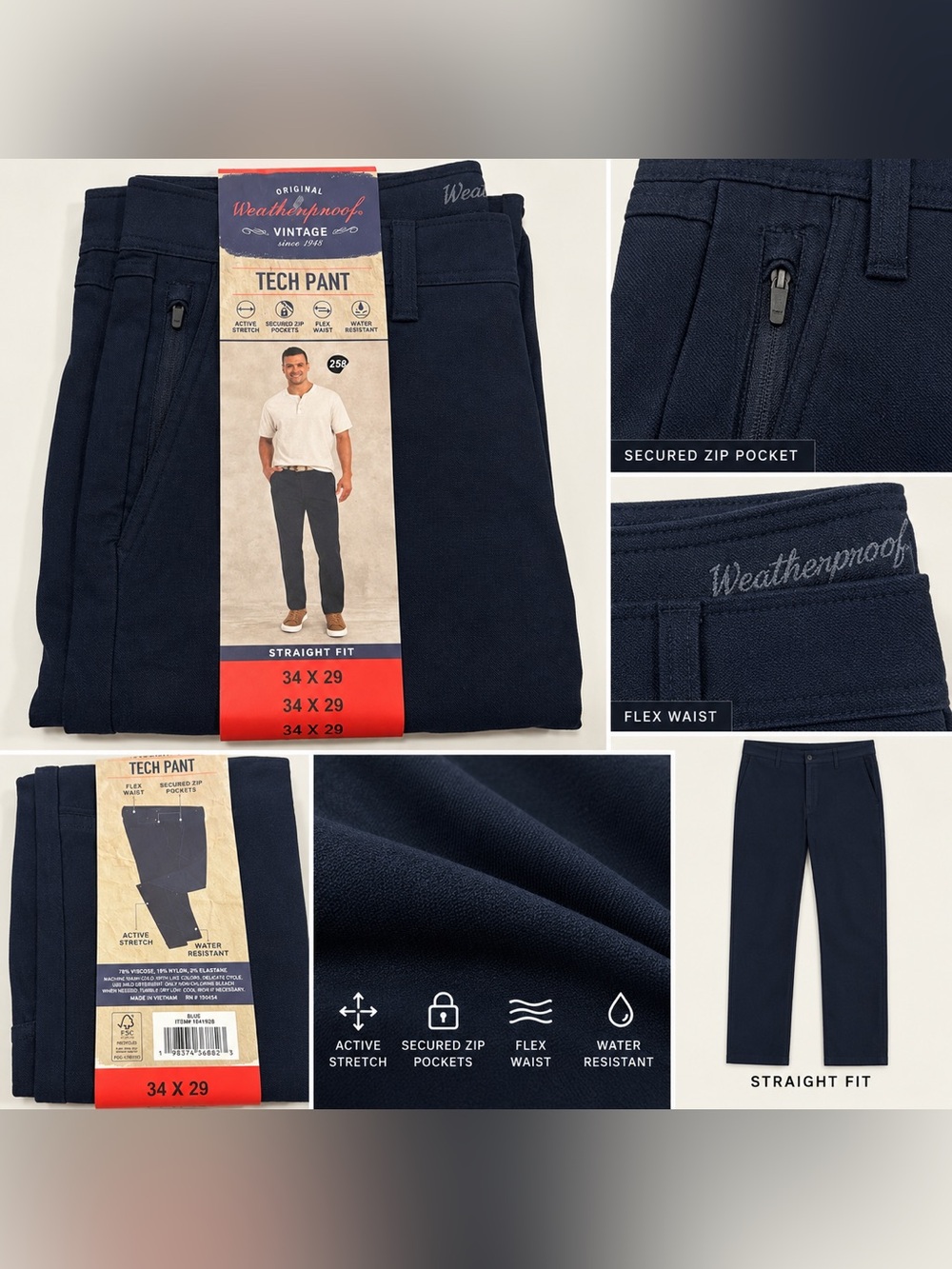 Weatherproof Vintage Mens Tech Pant Navy Blue Straight Fit 34x29 Water Resistant